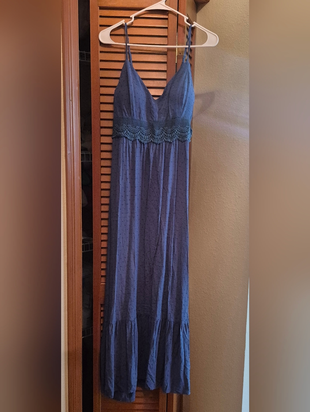 Lily Rose Deep Blue Spaghetti-Strap Maxi Dress with Crochet Waist